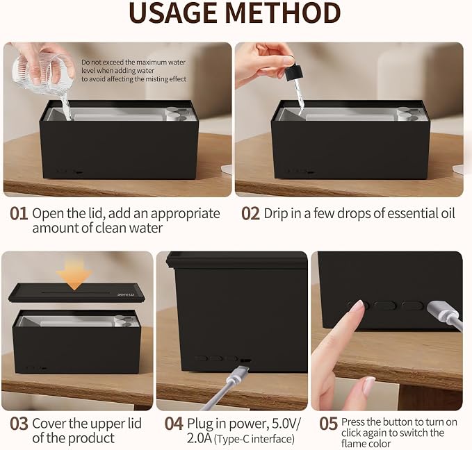 280ml Essential Oil Diffuser with 3D Flame Effect, Remote Control Aromatherapy Humidifier, 7 Color LED Lights, Ultrasonic Cool Mist for Home Bedroom Office