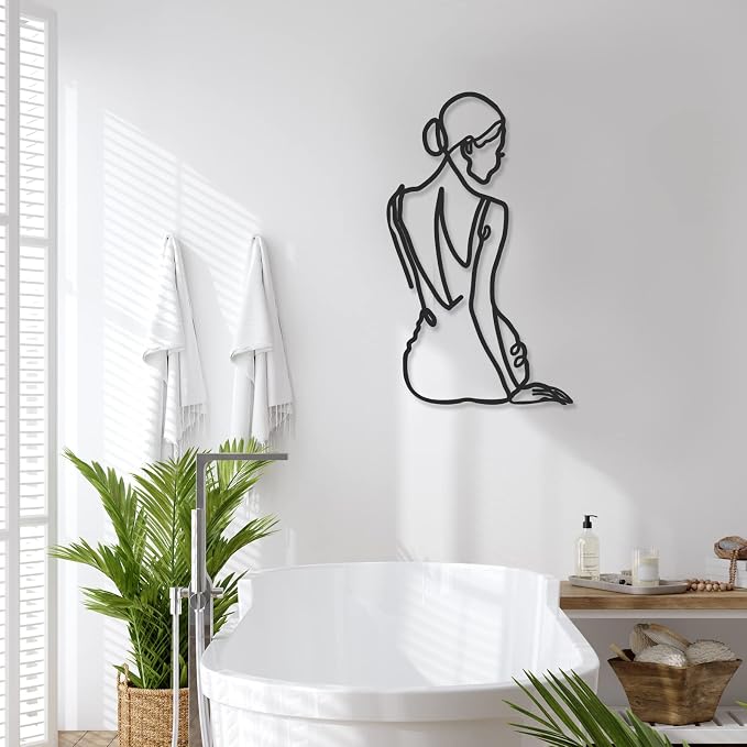 Photect 4 Pieces Metal Wall Art Decor Black Single Line Art Drawing Minimalist Abstract Female Woman Wall Sculptures Hanging Decor Accents for Bathroom Living Room(Classic)