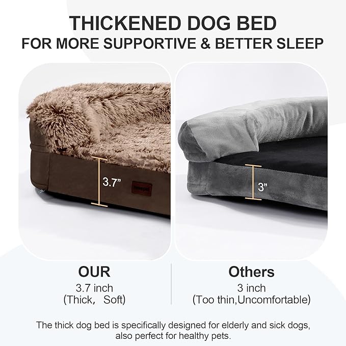 Fluffy Calming Jumbo Orthopedic Dog Beds for Extra Large Dogs, Supportive Dog Sofa Bed with 3.7 inch 28D Egg-Crate Foam, Removable Washable Plush Cover, Waterproof Lining, 48’’,Brown