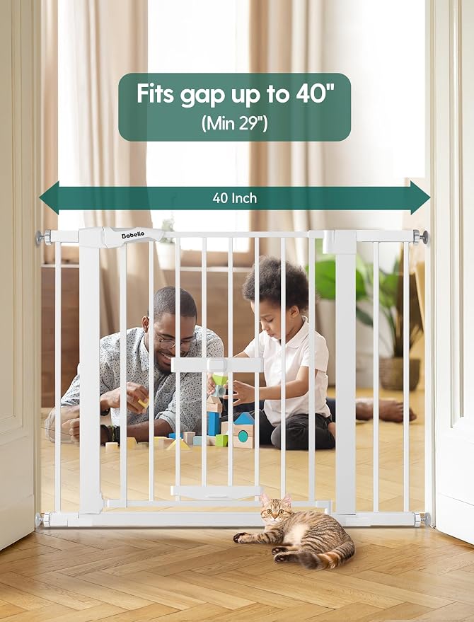 Babelio Baby Gate with Cat Door, CatPrivilege II, 29-40" | Auto Close, 6-Level Adjustable Metal Gate with Pet Door for Stairs & Doorways, Pressure Mounted, No Drilling, White
