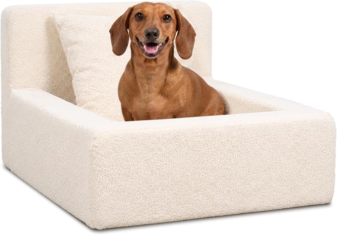 Boucle Dog Bed with Pillow, Furniture Style Dog Couch with Backrest, Washable Calming Pet Sofa Lounge for Small Medium Dogs, Beige