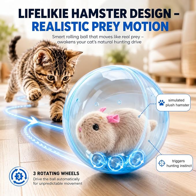Self-Rolling Interactive Cat Ball, 2026 Realistic Animal Rolling Cat Ball 360° Spin Moving for Cats Dogs Chasing (Blue)