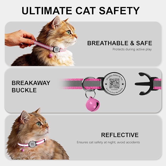Breakaway Cat Collar QR Code, Reflective Bell, Adjustable Kitten, Rose Red