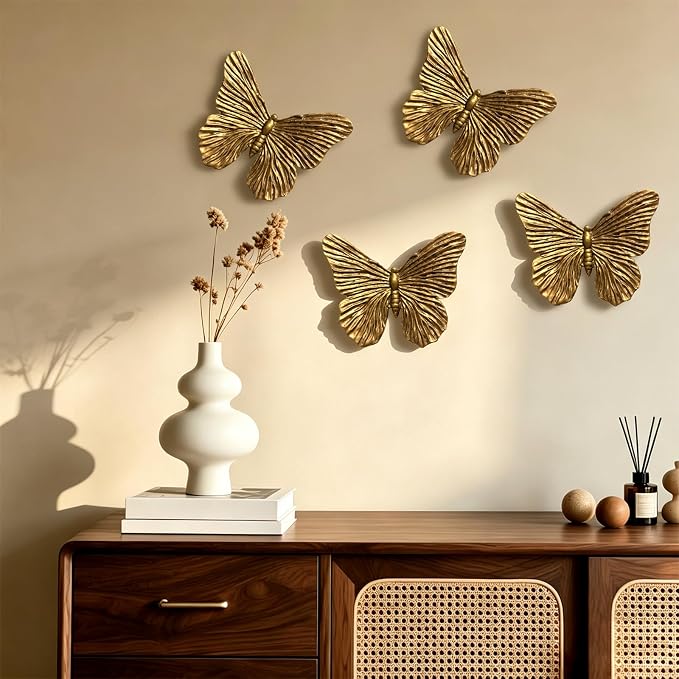 SIYOTTA Vintage 3D Butterfly Wall Art 4Pcs 5"×4" Resin Indoor Outdoor Decor | Handcrafted Vintage Resin Butterfly Wall Decor, Weatherproof for Living Room Bedroom Garden Yard Gallery Use