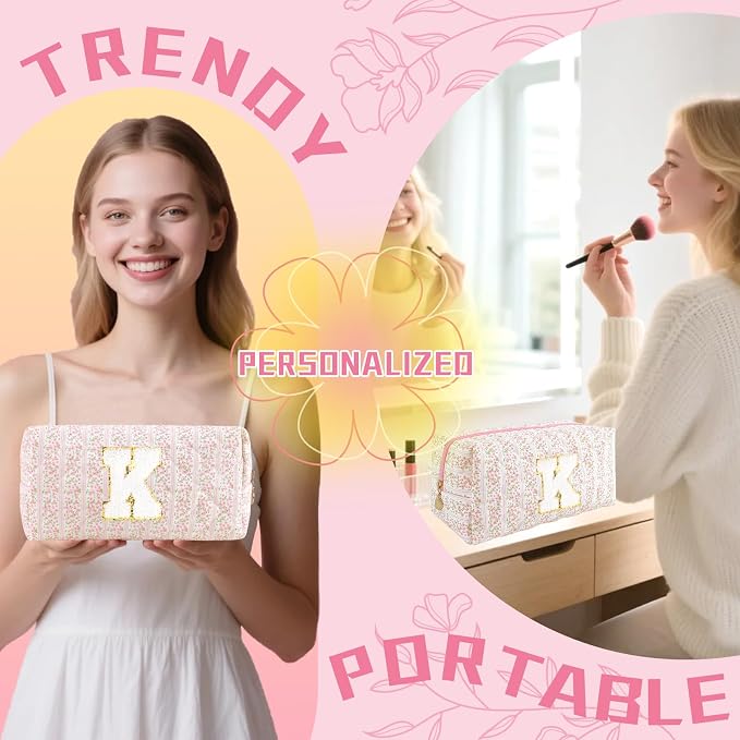 Personalized Quilted Cosmetic Bag, Puffy Monogrammed Christmas Birthday Gifts for Women & Girls, Cute initial Floral Makeup Bag Puffer Coquette Bag, Aesthetic Travel Toiletry Zipper Pouch(Pink,K)