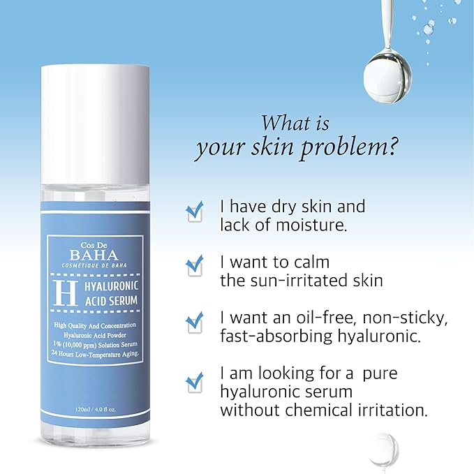 Cos De BAHA Hyaluronic Serum 4 Fl Oz – Pure Sodium Hyaluronate 10,000 ppm Hydrating Face Serum for Dry & Dehydrated Skin – Lightweight Fragrance-Free Korean Skincare Formula (120 ml)