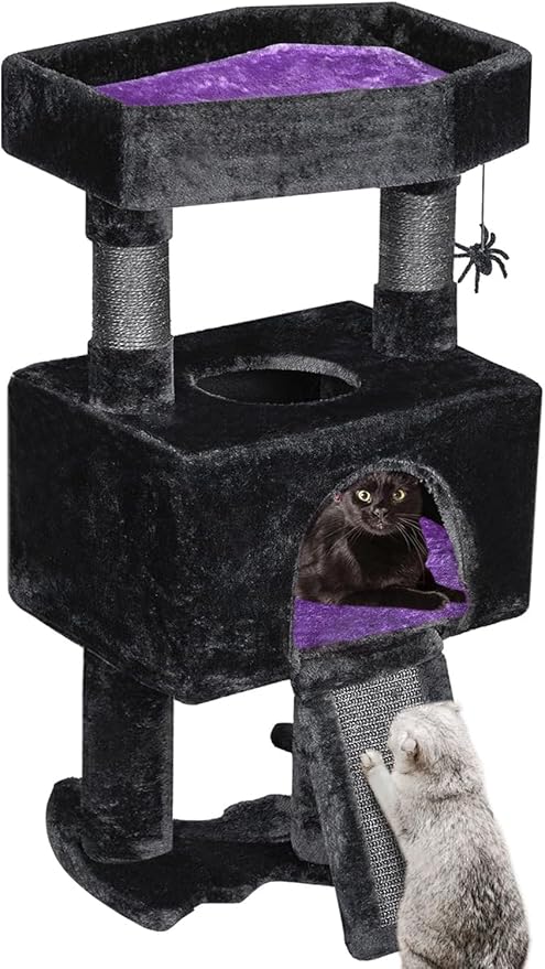BEWISHOME Cat Tree Tower for Indoor Cats, Gothic Cat Trees with Coffin Bed | Cat Condo Cat House with Scratching Board, Cat Shelves with Spider Toy, Pet Play Activity Center Black with Purple, MMJ95Z