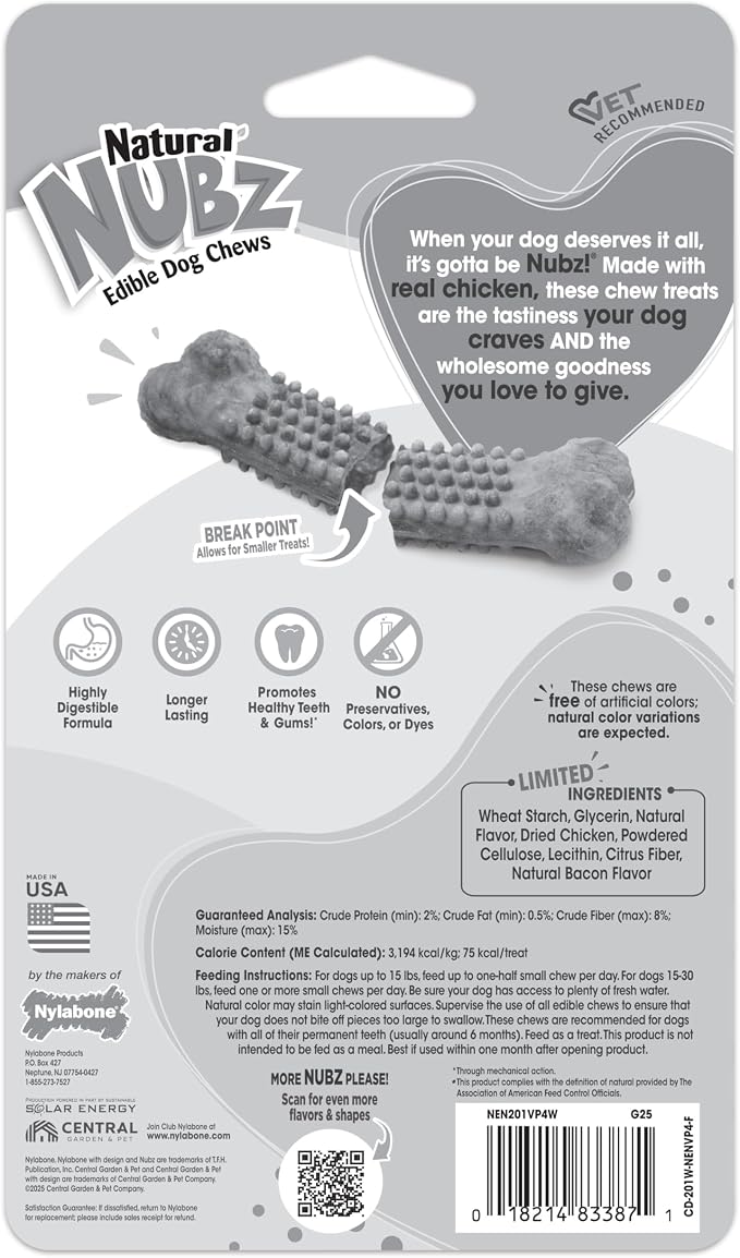 Nylabone Nubz Natural Dog Treats Made with Real Chicken, Small, 4 Count | Long lasting dog chews, made in USA, limited ingredients, highly digestible, dog dental treats for small dogs up to 30 lbs