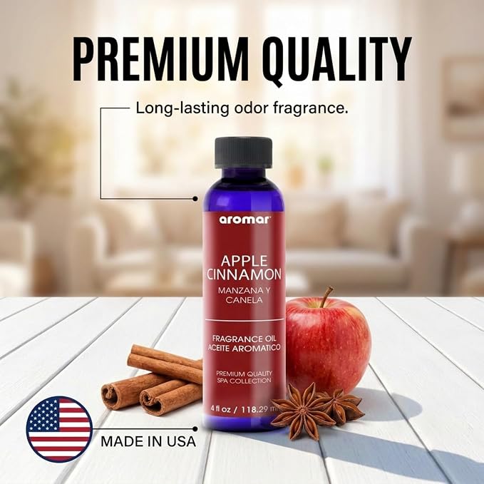 AROMAR Premium Fragrance Oil, Long-Lasting, Refreshing Uplifting Aroma for Aromatherapy, Relaxation & Household Uses, Apple Cinnamon 4 oz.