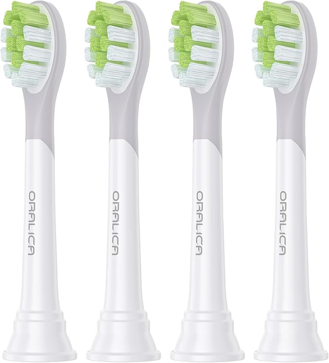 Oralica - Japanese Brand Whitening Replacement Toothbrush Heads, Compatible with Philips Sonicare Click-on Handles, 4 Pack, Medium, with Tongue Cleaner (CA668, White)