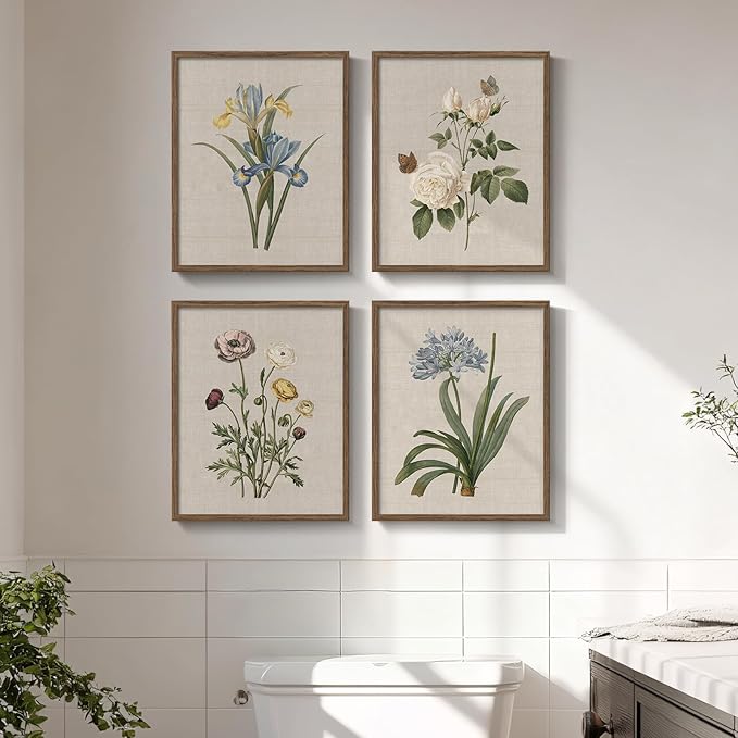 Framed Vintage Floral Botanical Wall Art for Bathroom, 4 Piece 8x10 In | Farmhouse wall decor, Flower pictures, Rustic retro paintings, Ready to hang canvas prints, Kitchen bedroom home decor