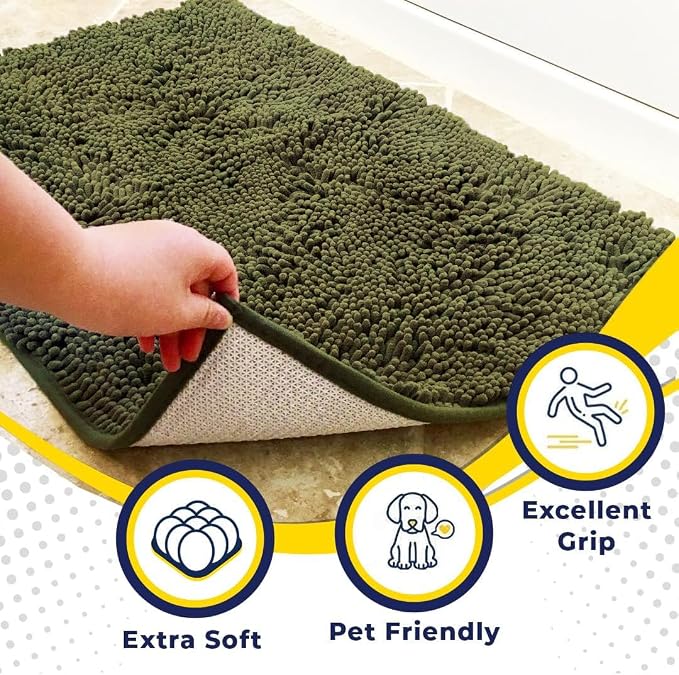 Muddy Mat® | Super Water Absorbent Door Mat Indoor, Microfiber Quick Dry Chenille Entryway Rug, Slip Resistant Front Door Mat, Indoor Mats for Entryway, Machine Washable Pet Rug, Army Green 22" x 36"