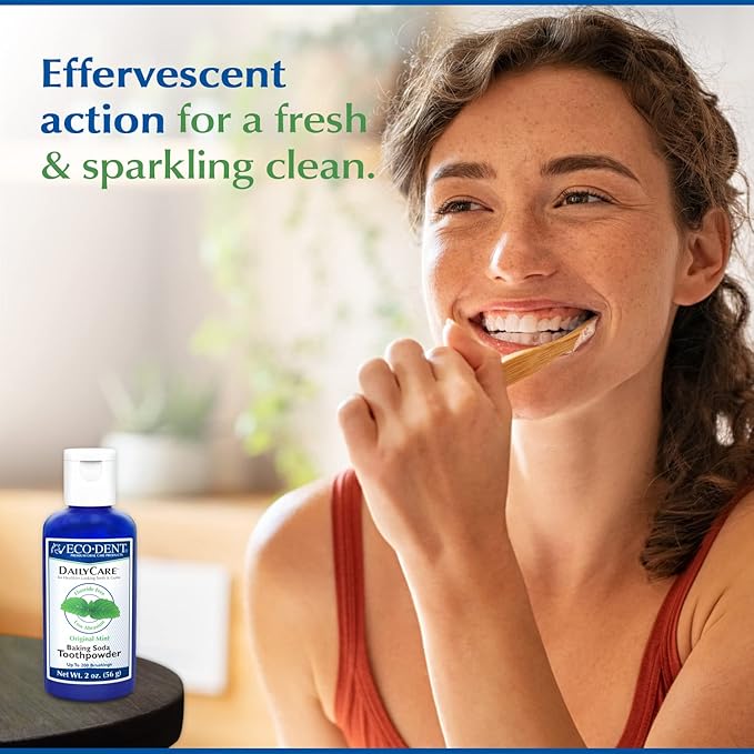 Eco-Dent DailyCare Baking Soda Toothpowder, Original Mint - SLS & Fluoride-Free Toothpaste Powder with Minerals & Essential Oils, Toothpaste Alternative + DailyRinse Single-Use Pack