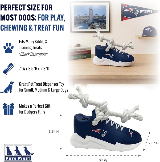 Pets First NFL New England Patriots Cleat Sneaker Spike Dog Toy, Football Treat Dispenser Chew Toy for Dogs, Interactive Rope Tug Toy, Slow Feeder Natural Rubber Dog Toy with Official Team Logo