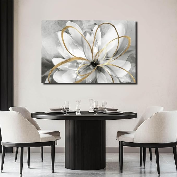 SOUGUAN White Floral Wall Decor Grey Background Modern Painting Wall Art 24"x36" Neutral Artwork Paintings for Bedroom Kitchen Pictures