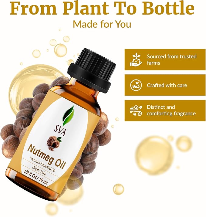 SVA Nutmeg Essential Oil 1/3 Fl Oz – for Diffuser, Skin & Hair Care – Ideal for Massage & DIY Blends - with Dropper