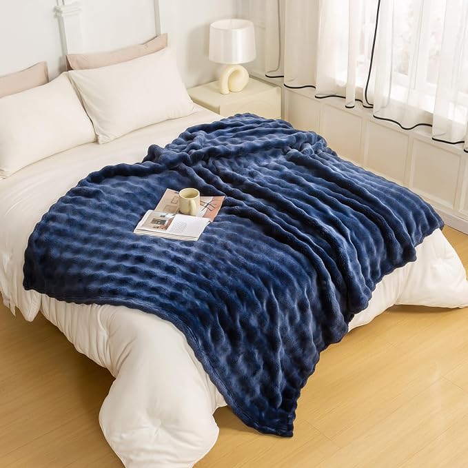 YUSOKI 3D Fleece Bubble Throw Blanket,Navy Blue, 50"x60" | Ultra Soft, Non-Shedding, Lightweight for All Season Use, stays fluffy after repeated washes, Perfect Gifts, Machine Washable