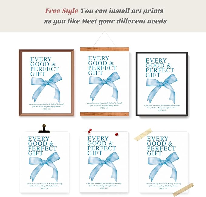 LARTSFRO Coquette Blue Bow Bible Wall Art Decor Poster, Blue Bow Bathroom Decor, Aesthetic Teen Girl Living Room Bathroom Decor, Trendy Gifts for Women Teens Teen Girls, 10x8 Inch Set of 4 Unframed