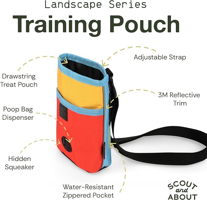 P.L.A.Y. Scout & About Deluxe Training Treat Pouch with Poop Bag Dispenser - 3 Way Wear, Detachable & Adjustable Strap, Reflective Strips, Water-Resistant Back Zipper Pocket, Squeaker (Sunrise)