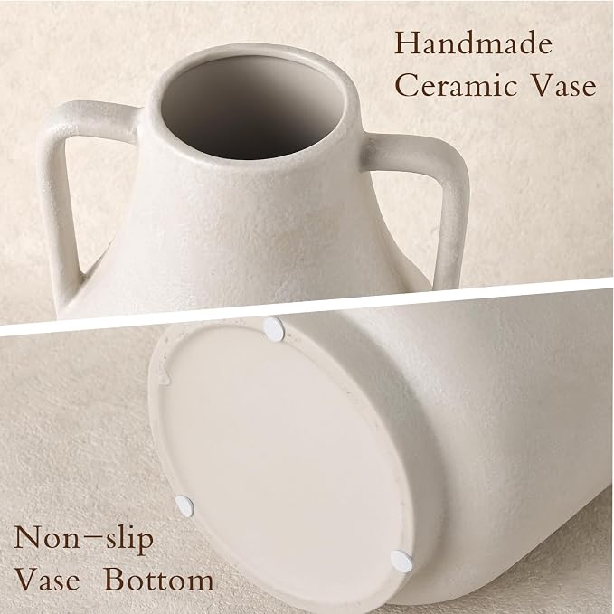 Ceramic Flower Vase with Handles, 11in Tall White Vases for Centerpieces | Waterproof Large Decorative Terracotta Vases for Home Decor, Living Room,Table, Handcrafted (White)