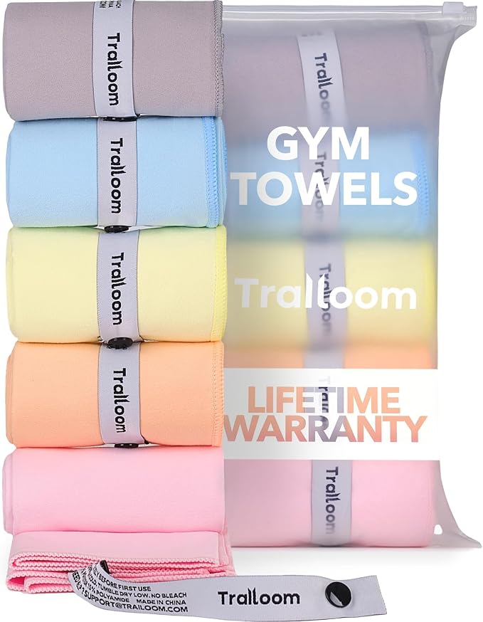 Trailoom Microfiber Workout Towels - Quick Dry, Highly Absorbing, Odor-Free, for Women & Men - Gym Sweat Sports Towel for Hot Yoga, Tennis, Running, Exercise, Working Out, Camping, Set of 5 Pastel