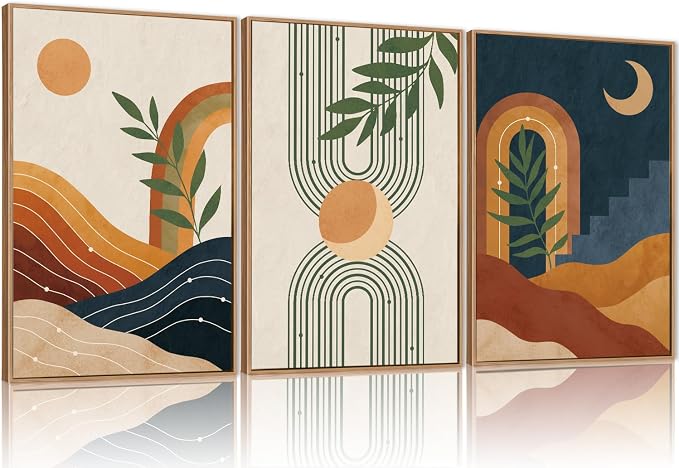 FWIEXA Vintage Boho Nature Framed Canvas Wall Art Set of 3, Minimalist Geometric Sun Moon Line Wall Prints, Abstract Green Leaf Painting,16x24In Modern Beige Navy Blue Artwork for Living Room,Bedroom