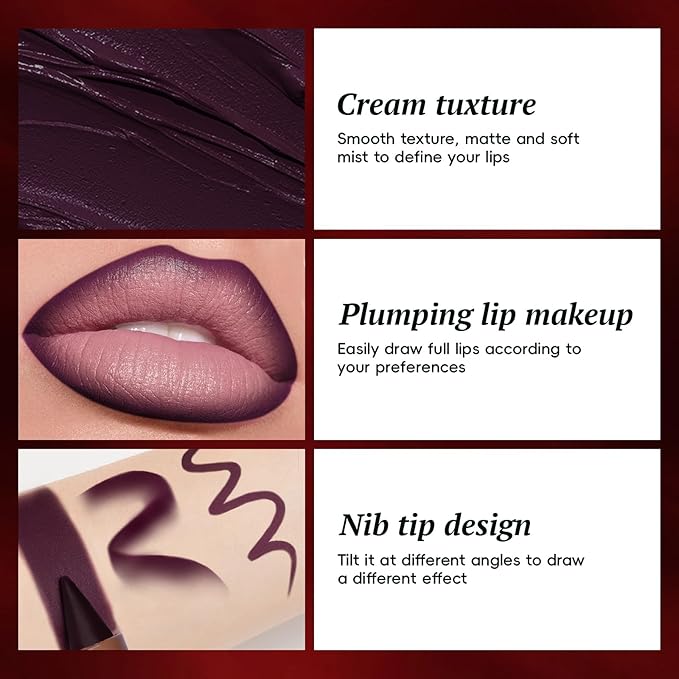 Lip Liner Gloss Set, Purple Plumping Lip Liner Lip Pencil Moisturizing Lightweight Lip Gloss Lip Combo, High Shine Glossy Lip Tint Lip Stain Makeup Long Lasting Lip Contour for Women