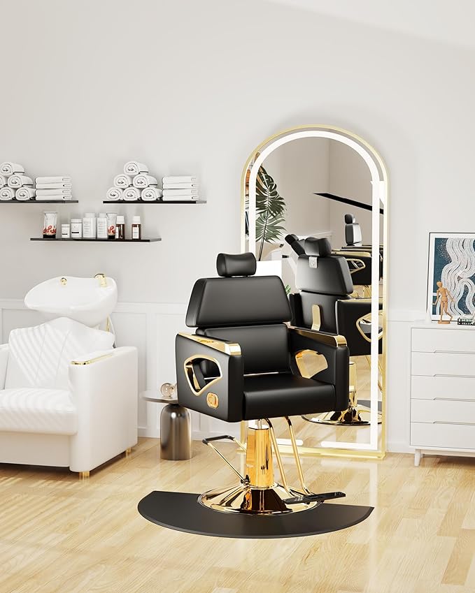 Baasha Modern Black & Gold Reclining Salon Chair - 135° Recline All Purpose Barber Chair with Headrest - Heavy Duty Hydraulic Styling Chair for Makeup, Lash, Shaving & Tattoo - 440 lbs Cap.