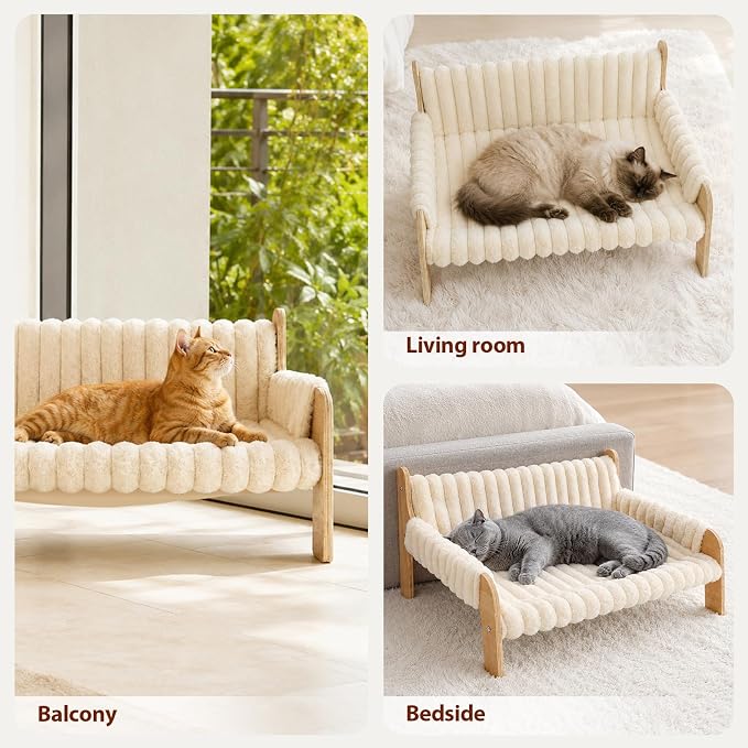 Elevated Cat Couch for Indoor Cats Wooden Cat Sofa for Kitty Puppy | Ultra-Soft Plush Raised Cat Bed,Removable Washable Cat Chair Hammock,Breathable Cat Furniture for Bedside Balcony Living Room