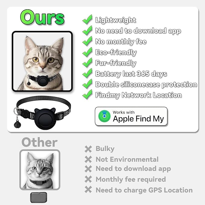 GPS Tracker for Cat Tracker Collar Waterproof Airtag Compatible with Apple Find My (iOS ONLY) No Monthly Fee Breakaway Design Reflective Pattern Bell Black Durable Cat Tracking
