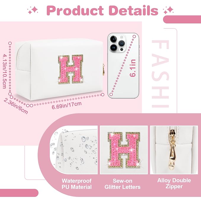 Small Personalized Initial A-Z Patch Makeup Bag,White Cute PU Leather Glitter Letter Cosmetic Bag for Teen Girls,Travel Toiletry Bag with Zipper,Preppy Monogrammed Birthday Gift for Daughter Niece H