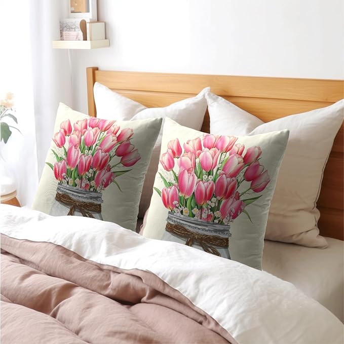 Kawani Spring Flowers Tulip Pillow Covers 20x20 Set of 2 Watercolor Pink Floral Leaves Mason Jar Decorative Pillow Cases Cotton Linen Cushion Cover for Couch Sofa Outdoor Home Decor