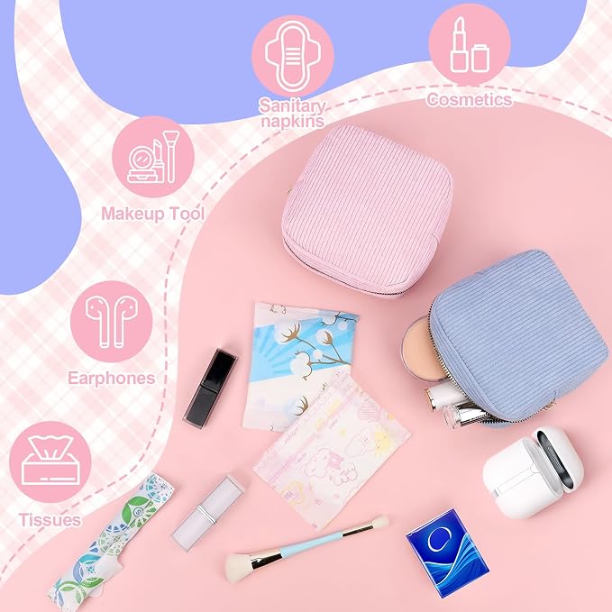Corduroy Period Pouch Small Discreet Period Bag Sanitary Napkin Storage Bag Cute Menstrual Pad Pouch Tampon Bag for Purse Portable Zipper Makeup Bags for Women Ladies Purple