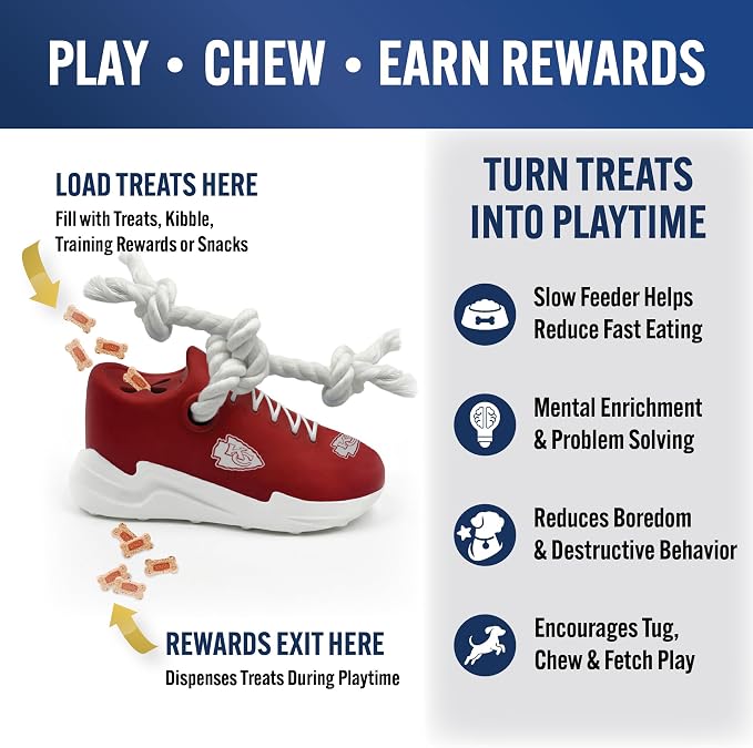 Pets First NFL Kansas City Chiefs Cleat Sneaker Spike Dog Toy, Football Treat Dispenser Chew Toy for Dogs, Interactive Rope Tug Toy, Slow Feeder Natural Rubber Dog Toy with Official Team Logo
