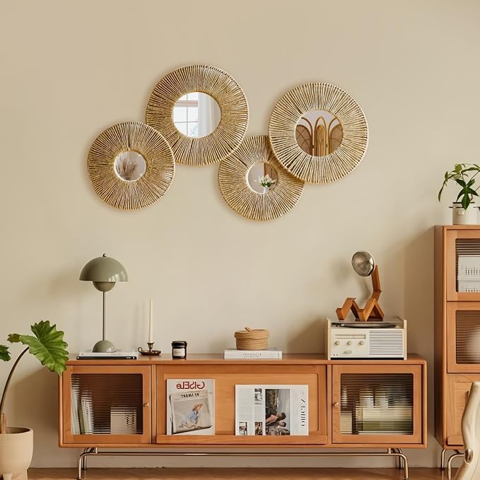 Artilady Hanging Baskets Wall Art with Mirror, 4Pcs Boho Coastal Wall Decor | Woven Wicker Basket, Farmhouse Rustic Jute, Bedroom Living Room Nursery Home Decor