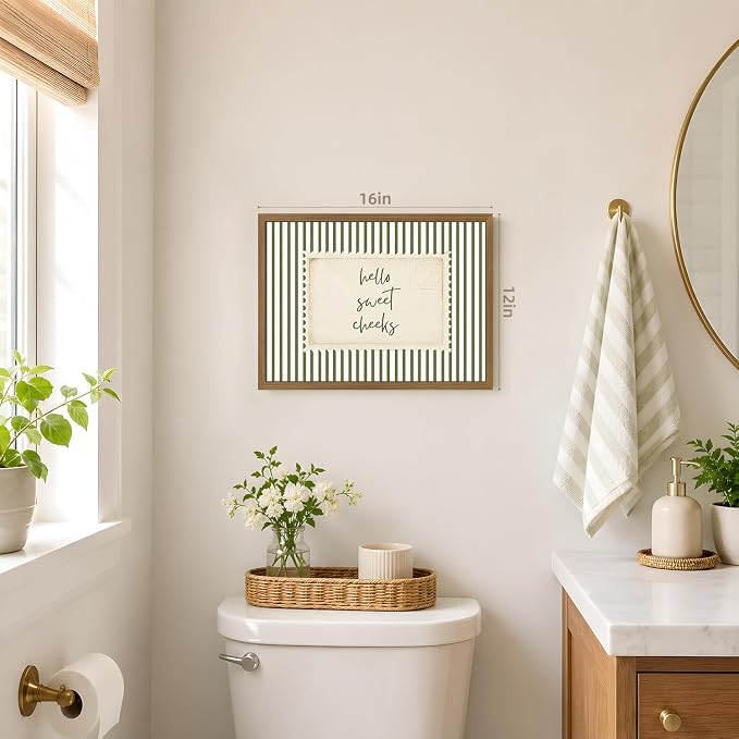VziizV Vintage Typography Wall Art, Hello Sweet Cheeks Quote Canvas Print, Cottagecore Green Stripe Wall Decor, Neutral Farmhouse Artwork for Nursery Bedroom Bathroom Wood Framed 12x16 Inch