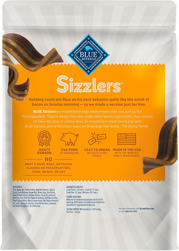Blue Buffalo Sizzlers Pork & Cheddar Bacon-Style Dog Treats, 15 oz | Real USA Pork First, Real Cheddar Cheese, Soft-Moist Texture, No Chicken By-Product, Corn, Wheat, or Soy