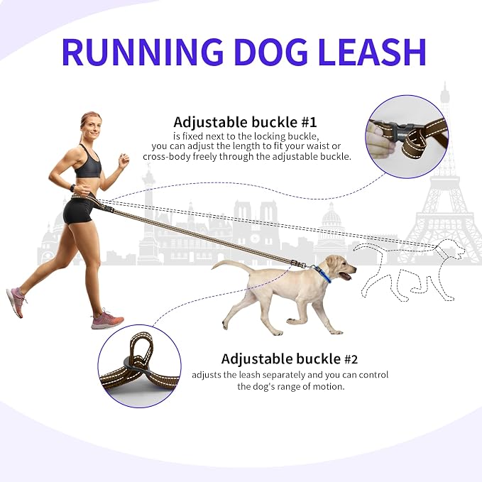Kazazoo Hands-Free Adjustable Length 5-8 Ft Dog Leash, Crossbody & Waist for Dog Walking, Running for Dogs with Reflective Strips, Ballistic Nylon, Waist Belt Adjustable, Lightweight Brown M