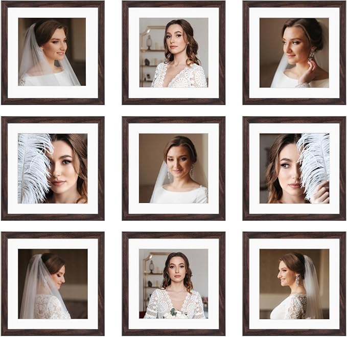 10x10 Picture Frame Set of 9, Display Pictures 8x8 with Mat or 10x10 without Mat, Multi Collage Gallery Square Photo Frames for Wall or Tabletop, Brown