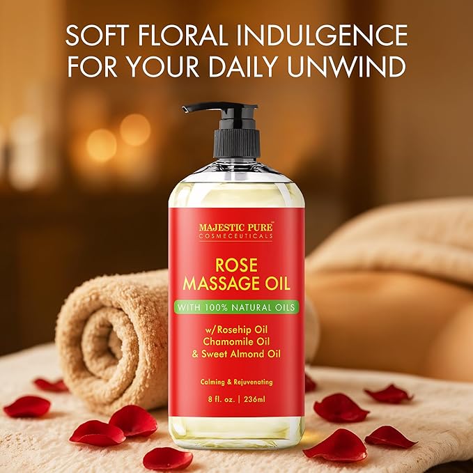 MAJESTIC PURE Rose Massage Oil for Massage Therapy - Refreshing, and Relaxing - Natural Oils - for All Skin Types - Men and Women Massage Lotion- 8 fl oz
