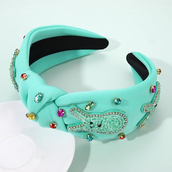mokkia Easter Headbands Beaded Rabbit Bunny Headband for Women Pink Spring Knotted Headband Easter Hair Accessories Gifts
