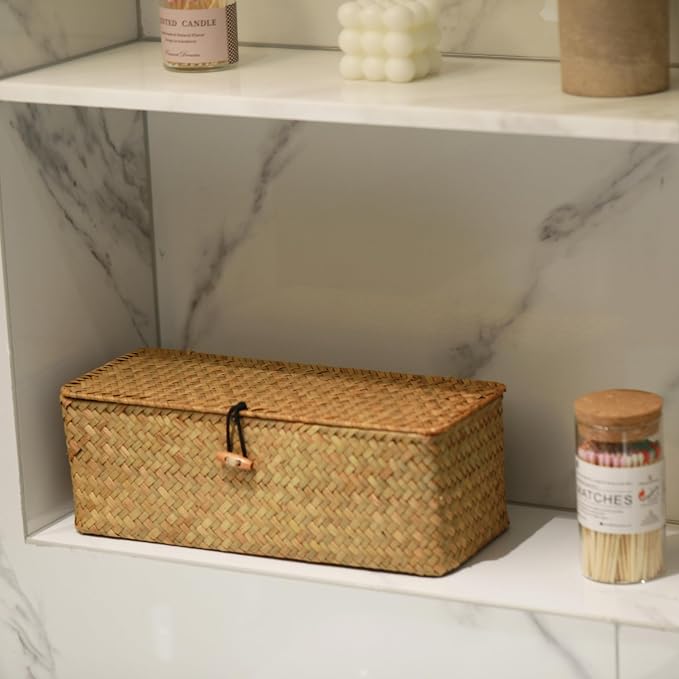Seagrass Storage Basket with Lid Rectangular Small Woven Shelf Baskets with Sections for Organize Snack Toys Tampon