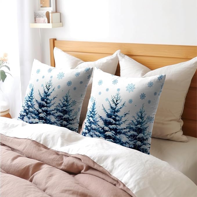 Kawani Blue Winter Forest Pillow Covers 22x22 Set of 2, Christmas Snowflakes Pine Trees Woods Throw Pillows Linen Cotton Cushion Case for Couch Sofa Farmhouse Home Holiday Decor