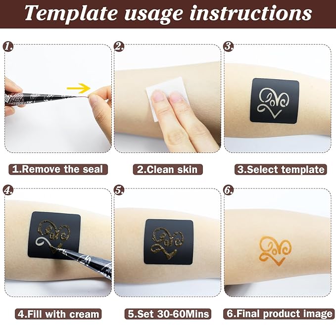 Brown Temporary Tattoo Kit,Temporary Tattoos Stencils Kit (3pcs Brown tattoo cones 4 Reusable Templates 1Pcs Tattoo Outline Pen)， Waterproof,DIY Body Art for Women Men