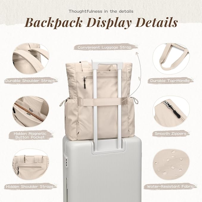 GOLF SUPAGS 3-in-1 Laptop Tote Backpack for Women 15.6" Quilted Work Gym Bag with Hidden Yoga Mat Carrier for Travel Leisure (Apricot)