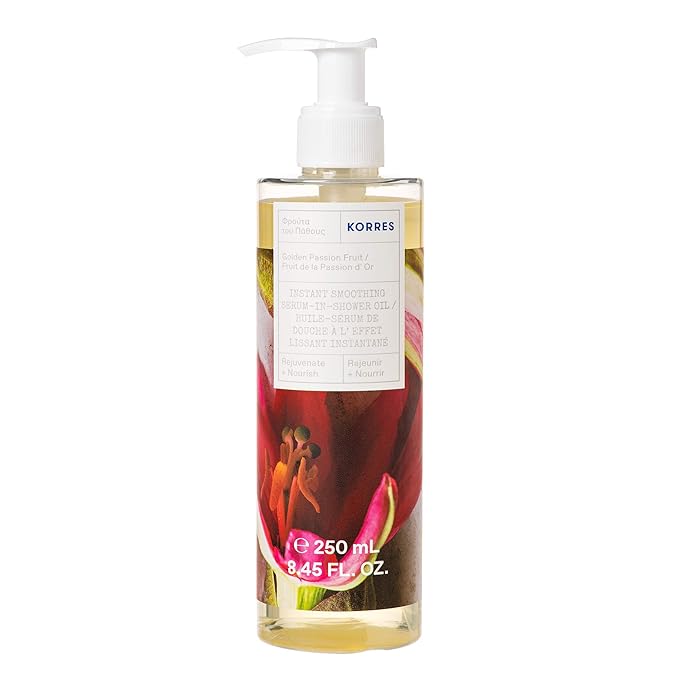 KORRES In-Shower Oil, Body Serum with Sweet Almond Oil for Dry Skin Care, Moisturizing and Hydrating Serum for Post Bath or Shower, Body Oils for Women, Golden Passion Fruit, 8.45 Fl Oz