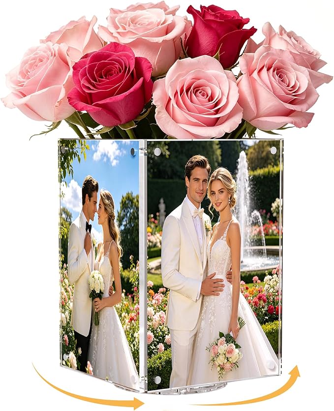 Rotating Acrylic Vase for Party Centerpieces, 4-Sided Magnetic Picture Display Frame 4x6 Inch, 360° Spinning Photo Display Holder for Wedding Event Table, Acrylic Menu Holder for Restaurant Home Decor