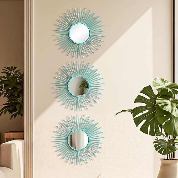 3 Pack Metal Mirrors for Wall Sunburst Wall Mirrors Home Décor Decorative Hanging Wall Art for Living Room Bedroom Entryway (Greenish Blue, Sunburst)