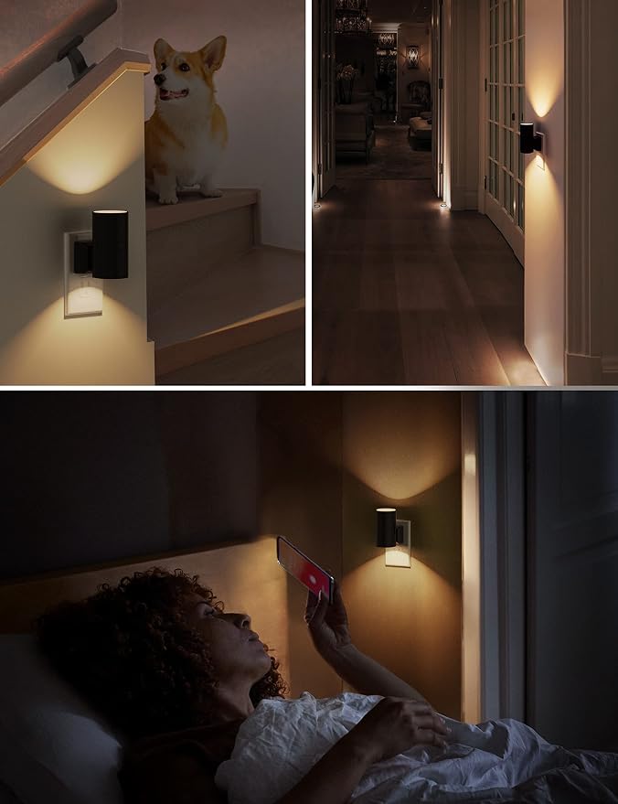 L LOHAS LED Night Light Plug in, Dimmable Night Lights Plug into Wall | Light Sensor, Nightlight With Soft White 3000K, Black Shade, Plug in Nightlights for Hallway Bathroom Kitchen Bedroom, 4 Pack