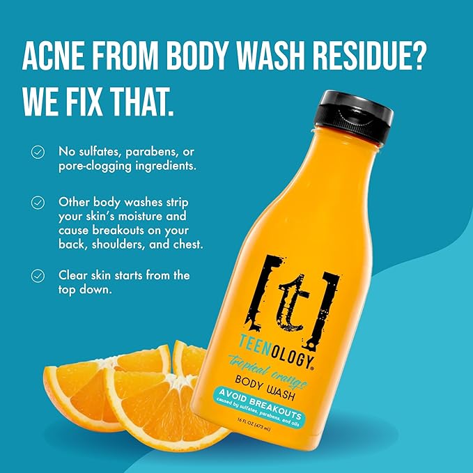 Teenology Body Wash for Teens, Avoid Acne Breakouts, Sulfate & Paraben Free, with Natural Botanical Extracts for Clear & Healthy Skin, 16 oz - (Tropical Orange)